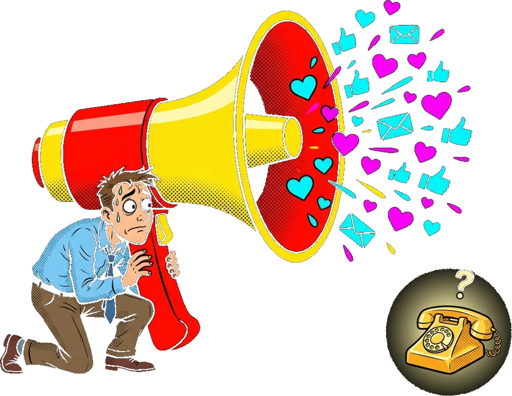 A person hiding behind an enormous megaphone while a phone sits ignored beside them
