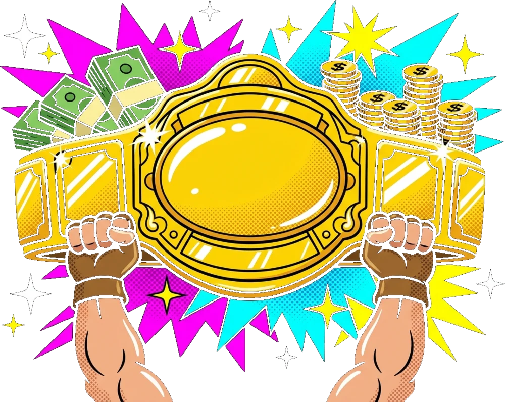 A championship belt held aloft with cash spilling out behind it
